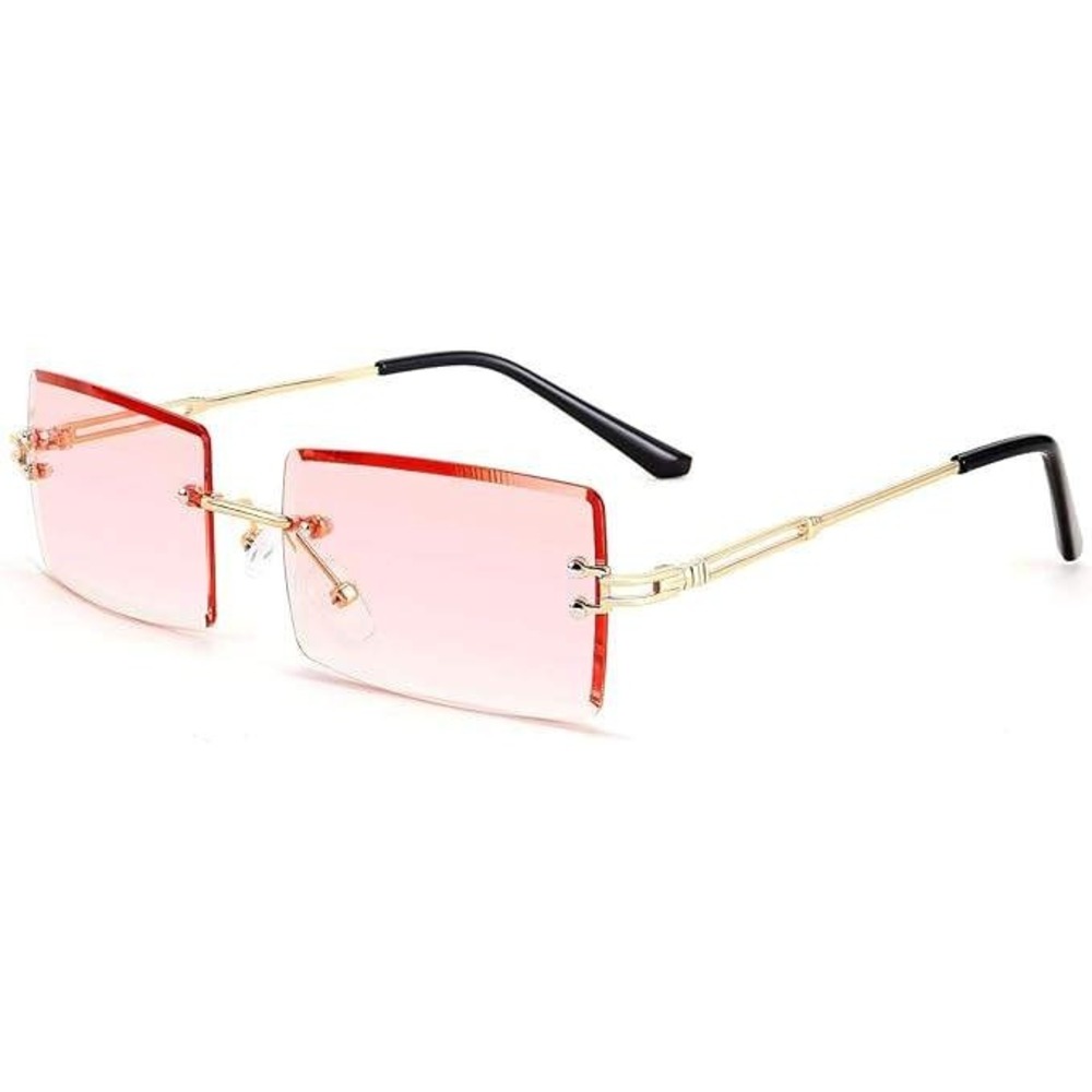 Rimless Rectangle Sunglasses Pink Lens Gold Frame Fashion Trendy Beach UV400 New